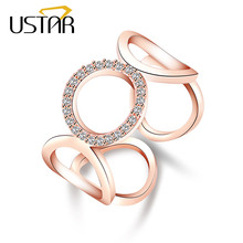 USTAR Hollow out Round Crystals wedding Rings for women AAA Zircon finger Engagement ring female Jewelry Opening adjustable size 2024 - buy cheap