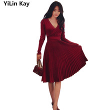 YiLin Kay 2019 alta calidad Otoño de manga larga con cuello en V de vestido suéter de punto vestido plisado 2024 - compra barato