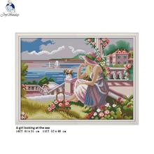 Joy Sunday A Girl looking at the Sea, Cross-stitch Kits DMC Cotton thread, 11CT and 14CT Embroidery Wholesale DIY Hand Crafts 2024 - buy cheap