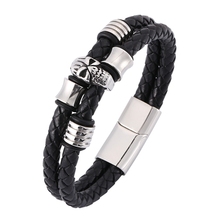 Punk Style Stainless Steel Skeleton Skull Bracelet Male Double Braided Leather Bracelet Men Jewelry Fashion Bangles Gifts SP0376 2024 - buy cheap