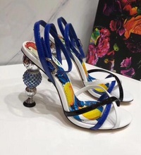 2019 Real Leather Cross-tied Printed Shoes Woman Ball Beading Peep Toe Crystal Embellished Sandals Ankle Strap Blue Party Shoes 2024 - buy cheap