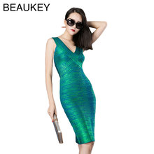 BEAUKEY New Arrivals Women Sexy V Neck Metallic Green  Bodycon Dress Top Quality Rayon Party Dress Club Vestidos 2024 - buy cheap