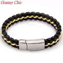 Granny Chic-pulsera de cuero negro con Cierre magnético para hombre y mujer, brazalete de acero inoxidable, joyería de oro 2024 - compra barato