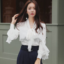 High quality women fashion shirts bowtie collar ruffles balloon sleeve white shirt female top OL chiffon blouse Chemise blusa 2024 - buy cheap