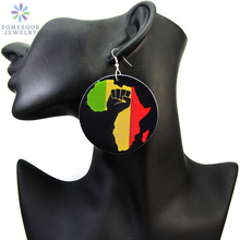 SOMESOOR-pendientes de madera con mapa africano para mujer, aretes con estampado grande de 6cm, puño de Poder Negro, colores étnicos afrocentricos, fotos, regalo de joyería 2024 - compra barato