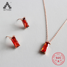 S925 Sterling Silver Simple Red Square Zircon Earrings Short Clavicle Necklace Chain Decoration 2024 - buy cheap