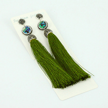 original bohemia oliver green grenery silk fabric tassel rhinestone cap shell charms extra long drop dangle earrings for women 2024 - buy cheap