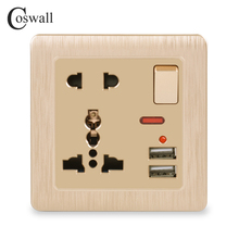 Coswall-Toma de corriente de pared 13A Universal, 5 orificios, Cargador USB de doble puerto, indicador LED, Panel cepillado de Color dorado 2024 - compra barato