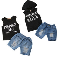Emmababy Cool Kids Boys Baby Boss Clothes Summer Hoodie T-Shirt Top Ripped Jeans Outfit 2pcs 2024 - buy cheap