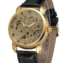 Relógio de pulso mecânico winner, relógio com pulseira de couro genuíno de esqueleto dourado, corda à mão 2024 - compre barato