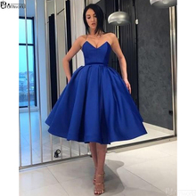 Vestido de baile de satén con cuello en V, azul real, sin tirantes, hasta la rodilla, con bolsillos, para fiesta de bienvenida 2024 - compra barato