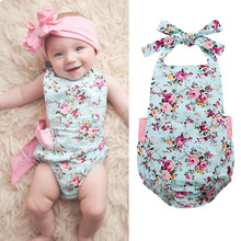 floral print sleeveless rompers for baby girl summer clothes backless bowknot blet Suspenders newborn girls jumpsuit new born 2024 - buy cheap