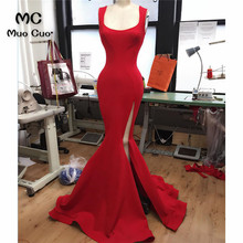 2019 In Stock Mermaid Evening Prom Dresses Long tank Vestido Longo Side Split Elastic Satin Formal Red Evening Party Dress 2024 - buy cheap