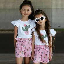 1-5T Toddler Kids Baby Girl Floral Clothes set Cactus Print Lace Top T-Shirt Stripe Shorts Elegant Cute Sweet Summer Outfit 2024 - buy cheap