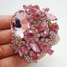 New Fashion Pretty Pink Flower Leaf Pendant Brooch Pin Rhinestone Crystal 2024 - buy cheap