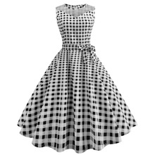 Retro Vintage Style Sleeveless with Bow 3D Skull Blac Plaid Printed 2018 Summer Women Dress A-line White Party Sexy Casual Dress 2024 - buy cheap