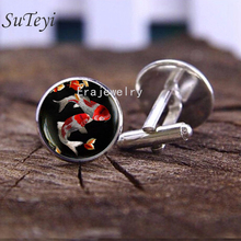 SUTEYI Unique Glass Mens Cufflinks Chinese Carp Asian Art fish Gift Art Pattern Cufflink High Quality Shirt Cuff Links Jewelry 2024 - buy cheap