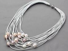 free shipping 11-12mm White and pink Freshwater Pearl on Multi-Strand Leather Women Necklace 2024 - buy cheap