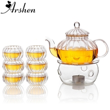 Conjunto de bule de chá em forma de abóbora arshen, resistente ao calor, 600ml, com infusor, com aquecedor e 6 unidades de copos de chá de parede dupla 2024 - compre barato