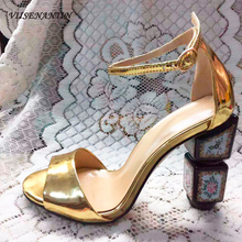 VIISENANTIN-Sandalias de charol con tacón cuadrado para mujer, zapatos con correa en el tobillo, estampado de flores, calzado romano de tacón alto 2024 - compra barato