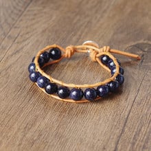 10mm Blue Sand Stone Beads Leather Wrap Bracelets Strand Stone Beaded Charm Boho Bracelet Handmade Women Men jewelry Gift 2024 - buy cheap