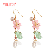 YULUCH Fresh Pink Acrylic Cherry Blossom Green Leaf Pearl Cute Sweet Woman Jewelry Accessories Long Pendant Earrings Gift 2024 - buy cheap