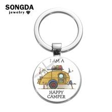 SONGDA Happy Camper Keychain Touring Car Key Chain I Am A Happy Camper Quote Printed Glass Cabochon Key Ring Bag Charm Trinkets 2024 - compre barato