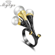 Женское Винтажное кольцо Mytys, черное кольцо с цветком и жемчужиной, Винтажное кольцо в стиле ретро, R2138 2024 - купить недорого