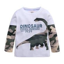 Novo outono roupas meninos dinossauro camisa crianças t camisas dos desenhos animados emenda camuflagem manga menino roupas de algodão crianças topos 2024 - compre barato