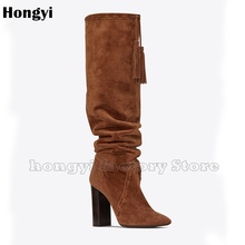Fashion  Brown Suede Leather European Style Fringe Designer Block Heeled Boots Women Pointed Toe knee High Gladiator Booty 2024 - buy cheap