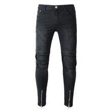 Moda masculina rasgado magro motociclista jeans primavera casual reta desgastado ajuste fino calças de brim longo buraco biker jeans 2024 - compre barato