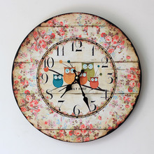 Large Round Wall Clock Wood Do Old Silent Wall Clock Five Owl Coloured Drawing or Pattern The Sitting Room 2024 - buy cheap