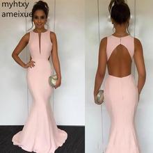 2021 New Cheap Sexy Cut Out Back Pink Mermaid Evening Dresses Robe Jewel Neck Sleeveless Satin Backless Simple Concise Plus Size 2024 - buy cheap