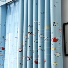 Cortina de tule com estampa de peixe, janela de desenho azul para quarto de crianças cozinha sala de estar tratamentos de janela 2024 - compre barato