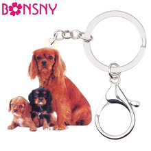 Bonsny Acrílico Cavalier King Charles Spaniel Cão Chaveiro Chaveiros Anéis Doce Saco Pingente Animais Jóias Para Mulheres Meninas Presente 2024 - compre barato