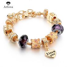 Athina-pulsera de amuleto Morado para mujer, brazalete de cuentas doradas, romántico, a la moda 2024 - compra barato