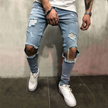 Мужские джинсы большого размера, модные облегающие прямые джинсы с потертостями 2024 - купить недорого