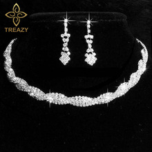 TREAZY Silver Color Wedding Jewelry Set Sparkly Rhinestone Crystal Twisty Choker Necklace Earrings Set Charm Bridal Jewelry Set 2024 - buy cheap