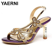 YAERNI 2022Summer Women Sexy Rhinestone Sandals female High-heeled Diamond Genuine Leather Shoes Thick Heel SandalsE866 2024 - buy cheap