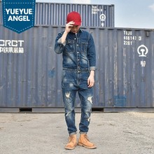 Designer Fashion Mens Hole Denim Overalls Vintage Blue Jeans For Mens Harajuku Work Cargo Clothes Long Casual Streetwear 2024 - buy cheap