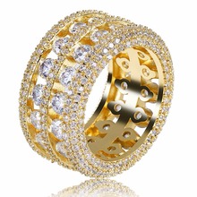 Anel luxuoso dourado brilhante alta qualidade cz cor ouro oco cobre anéis masculinos mulheres hip hop rapper tamanho 7-11 2024 - compre barato