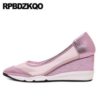 De Oro de plata de moda de tacón alto barato del dedo del pie puntiagudo tamaño 4 34 calzado Rosa elegante con tacón de cuña 2021 de malla de oro zapatos casuales zapatos de mujer bombas 2024 - compra barato