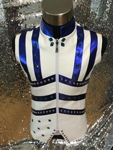 New Men White And Blue Leather Slim Casual Vest Jacket Costumes Man Rivets Dj Singer Stage Wear Performance Outerwear Male Coat 2024 - buy cheap