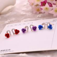 New Fashion Gold Color Rhinestones Earrings For Women Heart-shaped Red Rose Flower Stud Earrings Valentine's Day Gift 2024 - buy cheap