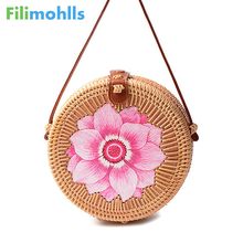 Bolsas de mão femininas de rattan flor, 2019, bali, verão, boêmio, praia, moda quente, ombro cruzado, bolsa de palha redonda 2024 - compre barato