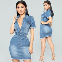 Wendywu Sexy Women Turn-down Collar Short Sleeve Bodycon Denim Mini Dress Elegant Buttons Jeans Casual Dress Vestidos 2024 - buy cheap