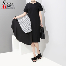 New 2018 Korean Style Women Summer Dress Black Blue Irregular Dress Short Sleeve Knee Length Lady Casual Wear Dress Vestido 7097 2024 - buy cheap