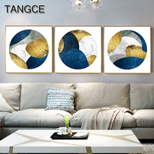 Abstract Painting Blue Golden Block Canvas Painting Tableau Quadro Posters Foil Luxury Wall Art for Living Room Duvar Tablolar 2024 - buy cheap