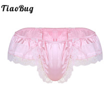 TiaoBug Men Shiny Soft Satin Sissy Panties Lingerie Floral Lace with Big Bowknot Low Rise G-String Thong Hot Sexy Gay Underwear 2024 - buy cheap