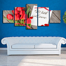 Pintura de arte de pared para sala de estar, Marco de Imágenes modulares, 5 paneles, rosas rojas y tarjeta, decoración del hogar, lienzo impreso moderno en HD 2024 - compra barato